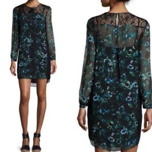 Haute Hippie Long Sleeve Floral Black Sheer Organza Shift Mini Dress Size Medium